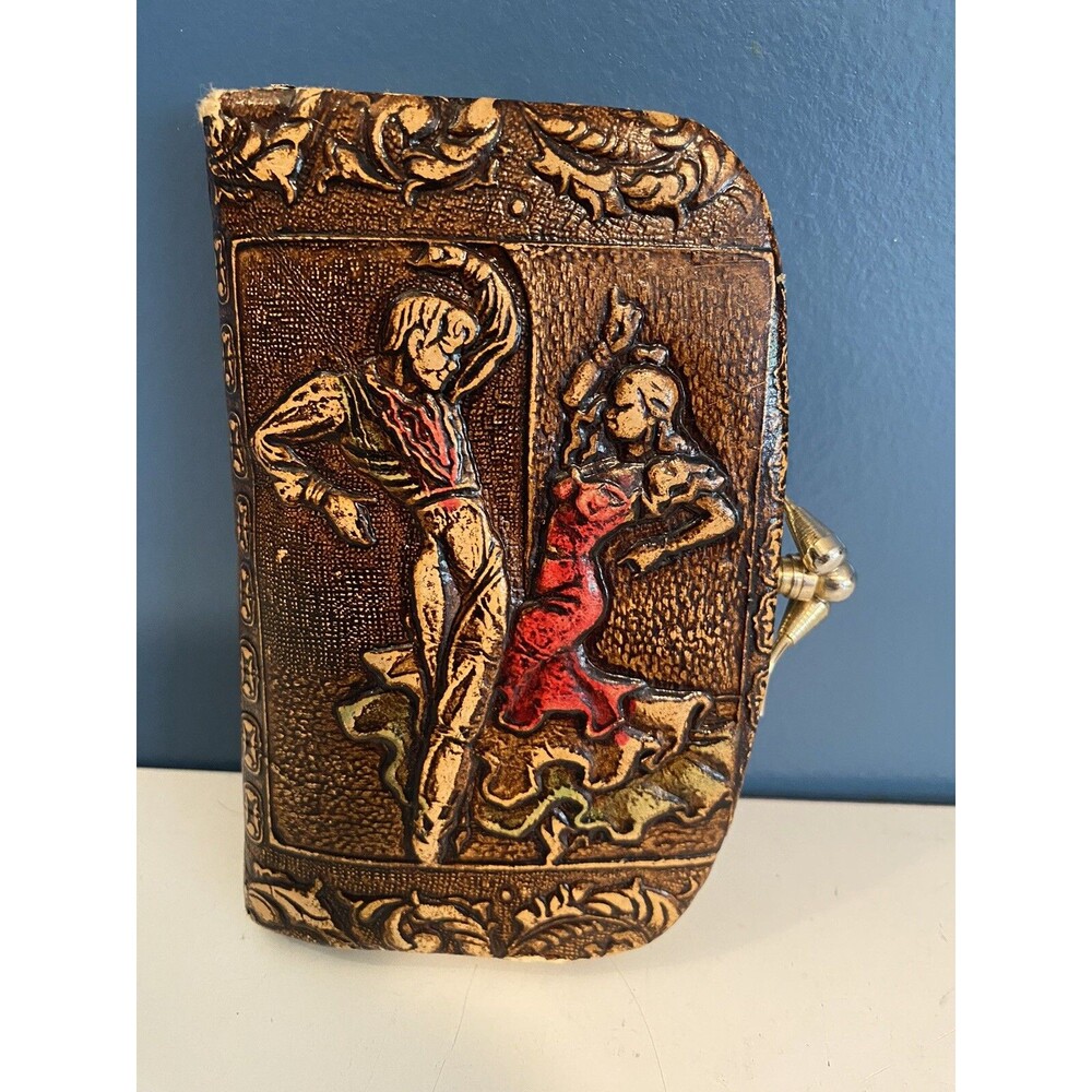 VTG Tooled Leather Spanish Bullfighter Dancers Embossed Coin Wallet Pouch Clutch